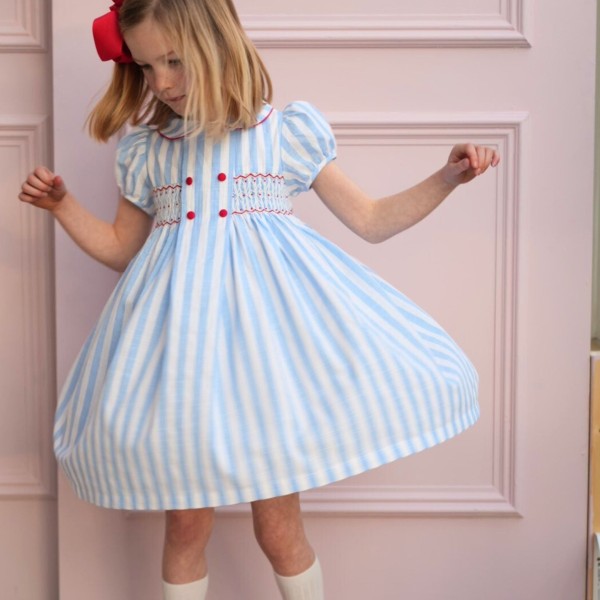 Thatcher Dress Sailor Stripe with White Heart Hand Smocking